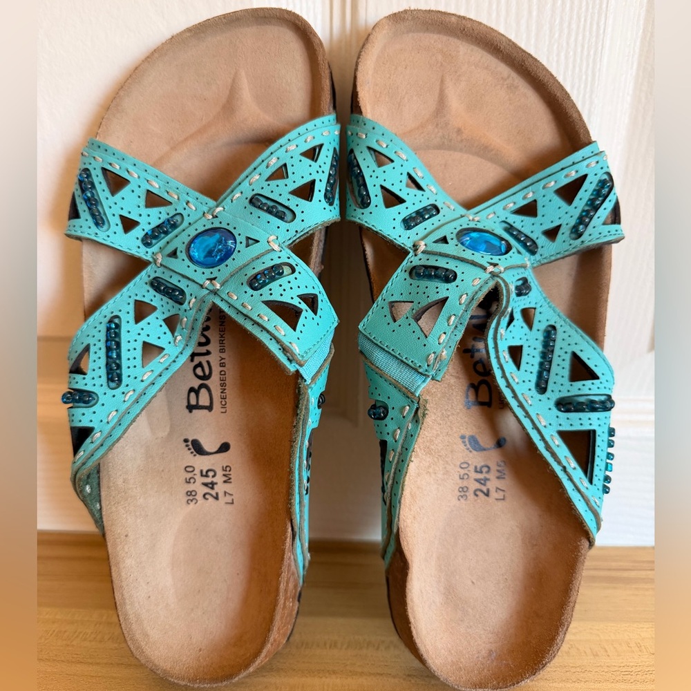 Birkenstock Batula women’s size 38 7.5 Turquoise Beaded Leather Sandals Shoes